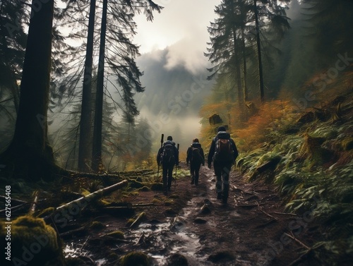 A group of diverse friends hiking through a dense forest generative ai