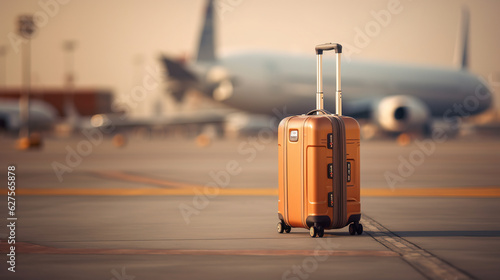 A suitcase traveler on a runway with blurred airpot in the background