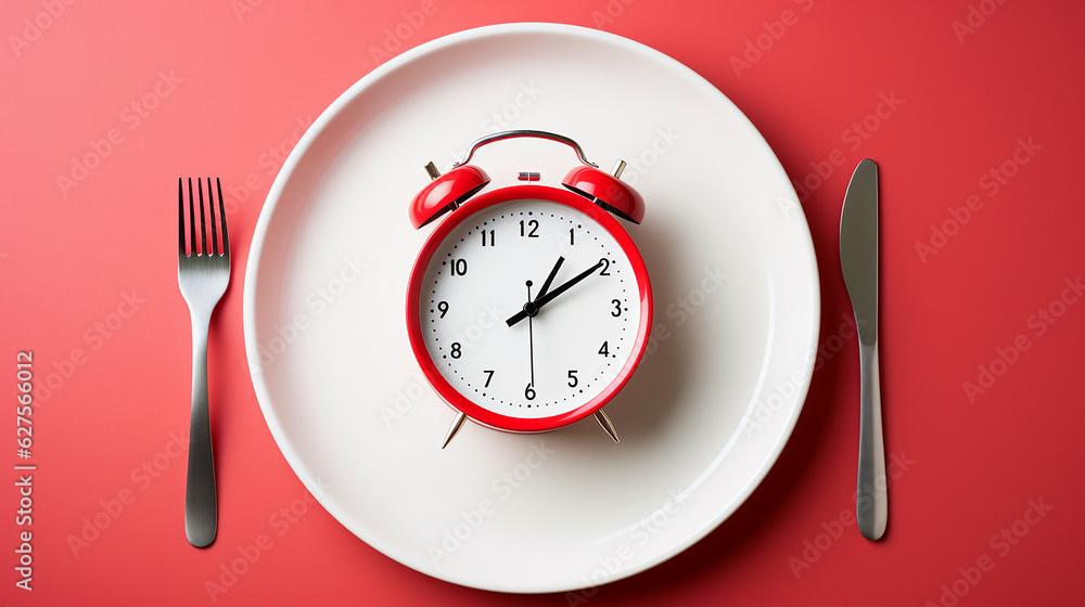 Concept of intermittent fasting, showing an empty plate and a clock. The practice of eating within specific time frames to promote better health and weight management.,generative AI Concept of intermittent fasting, showing an empty plate and a clock. The practice of eating within specific time frames to promote better health and weight management.,generative AI