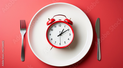 Concept of intermittent fasting, showing an empty plate and a clock. The practice of eating within specific time frames to promote better health and weight management.,generative AI