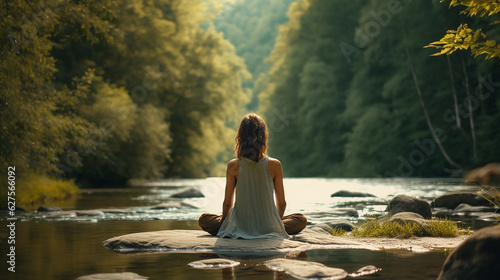Woman practicing mindfulness meditation in a serene natural environment for mental health and self.,generative AI