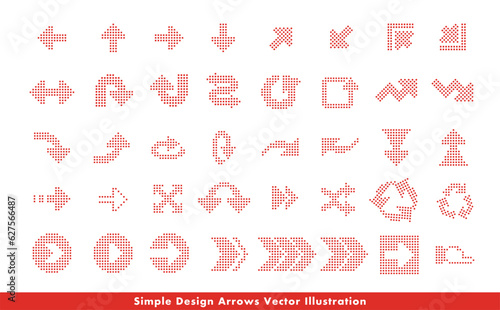 クールでシンプルなLED風四角ドット・点の矢印・方向指示記号のアローベクターアイコンイメージセット_赤・レッド