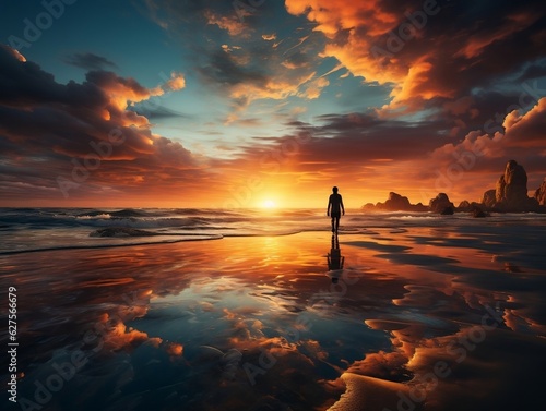 A vibrant sunset over a tranquil beach, where a lone figure walks along the shoreline generative ai