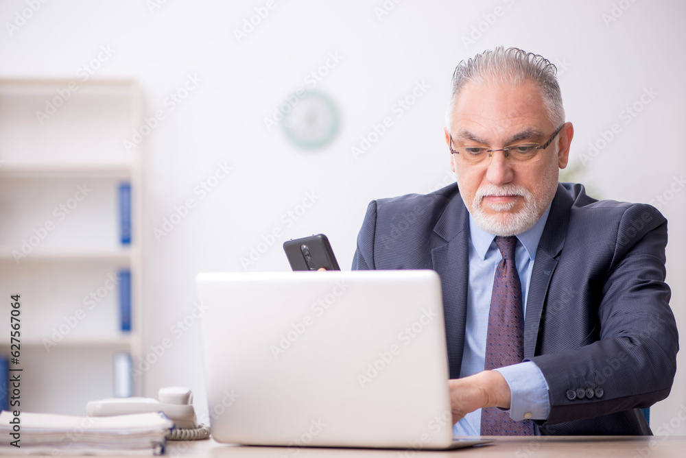Old male employee working in the office Old male employee working in the office