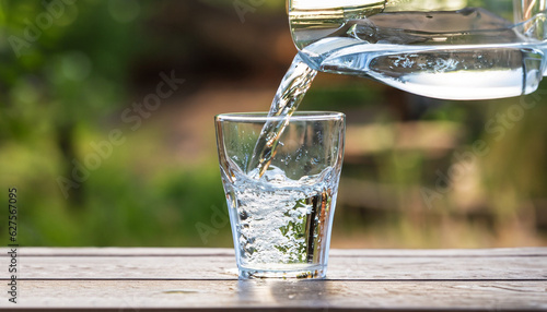 water from jug pouring into glass on wooden table outdoors