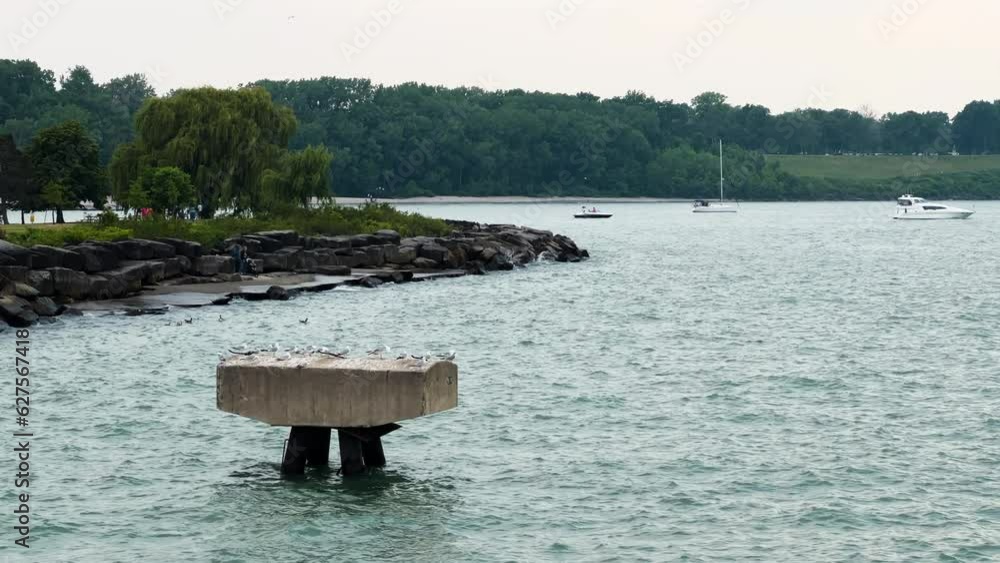 Perched Seagulls And Boats At The Edgewater Beach Pier In Cleveland, Ohio. wide