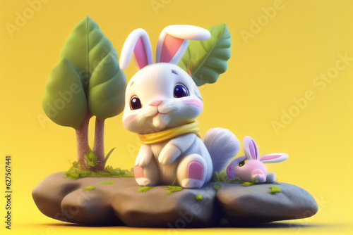 Cute 3D rabbit sitting on a rock, 3D cartoon character, generated by AI