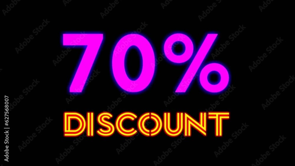 Neon light text 70 percent Discount on black background black friday,big sale event for shop,retail, resort,bar display promotion business concept Neon light text 70 percent Discount on black background black friday,big sale event for shop,retail, resort,bar display promotion business concept