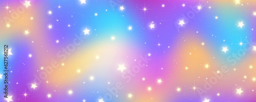 Unicorn rainbow background. Magic pastel gradient with glitter and stars. Cute holographic sky. Fairy fantasy wallpaper with iridescent texture. Vector cosmic illustration