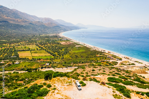 Albania riviera. Beach on coast of Ionian Sea in Albania, lukove, near Greece island Korfu. Borsh beach photo