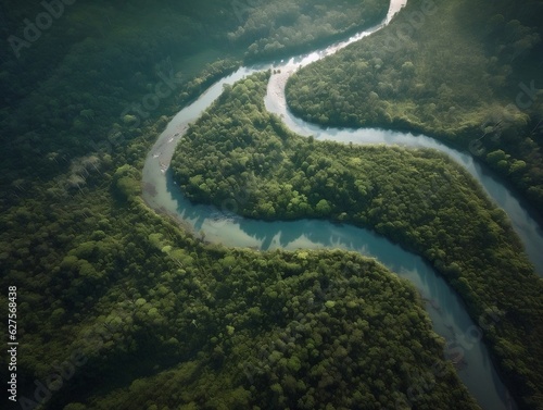 An aerial view of a winding river cutting through a dense forest generative ai