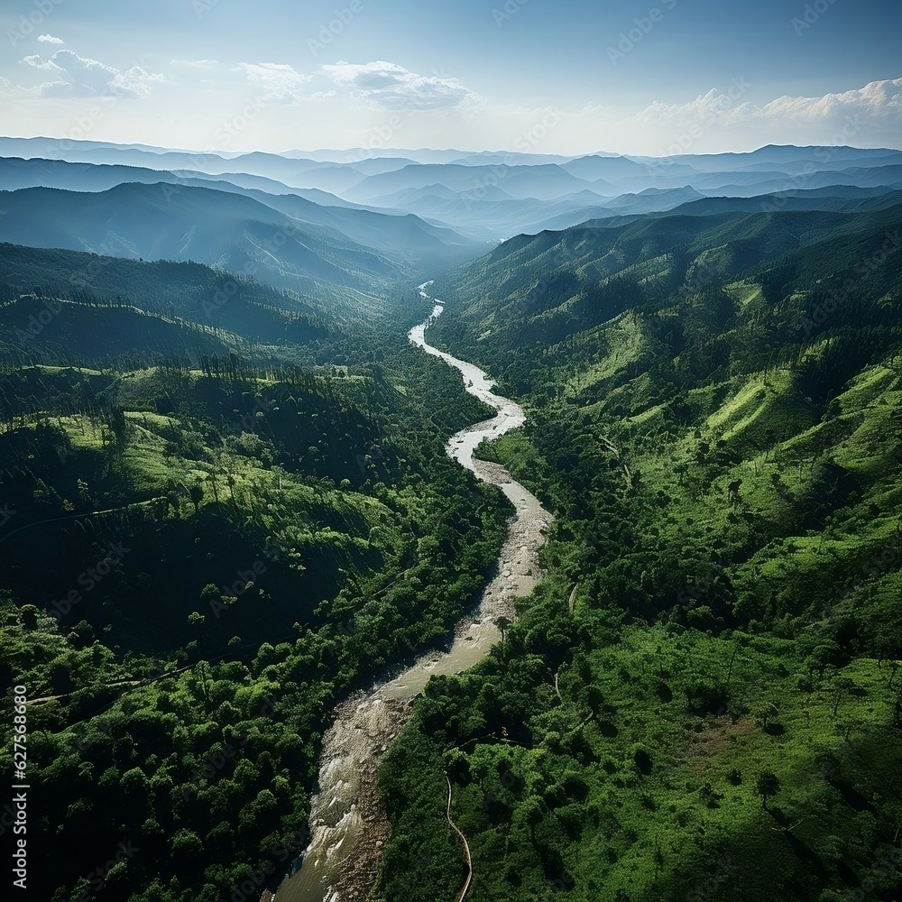Naklejka premium An aerial view of a winding river cutting through a dense forest generative ai