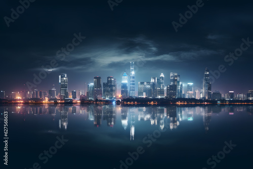 A panoramic view of a city skyline at night 