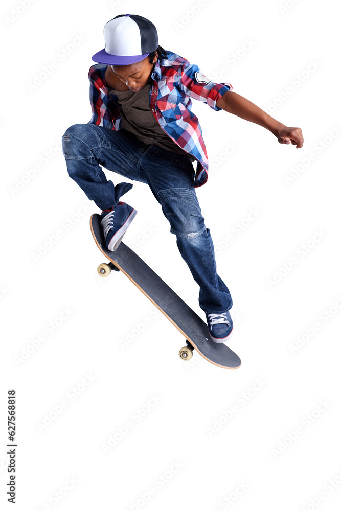 Black boy, kid and skateboard jump trick and urban streetwear fashion on isolated, transparent or png background. African teenager, skateboarding and skater with energy or skill for skating stunt Black boy, kid and skateboard jump trick and urban streetwear fashion on isolated, transparent or png background. African teenager, skateboarding and skater with energy or skill for skating stunt