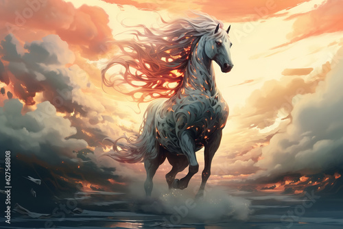 Fairytale white horse with fiery mane in sky  fantasy animal illustration