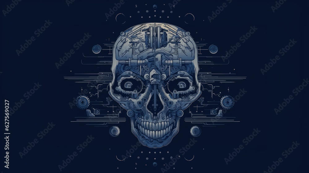 Evil brain, blue skull with electronics in motion on a blue background with copy space for text Evil brain, blue skull with electronics in motion on a blue background with copy space for text