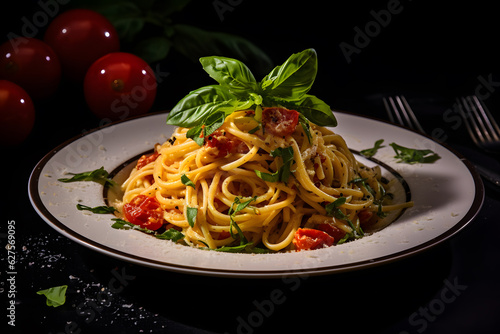 A pasta dish with cheese and basil