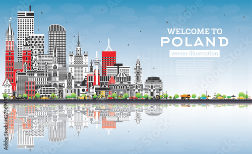 Poland City Skyline with Gray Buildings, Blue Sky and Reflections.