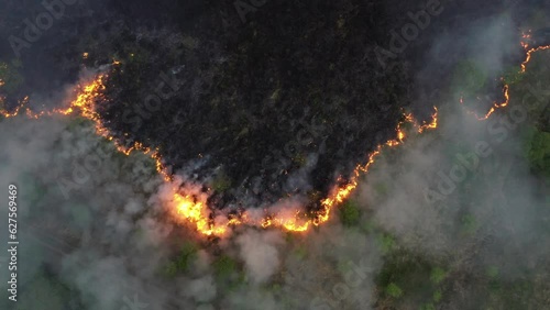 A quadcopter captures a forest fire at a 90-degree angle