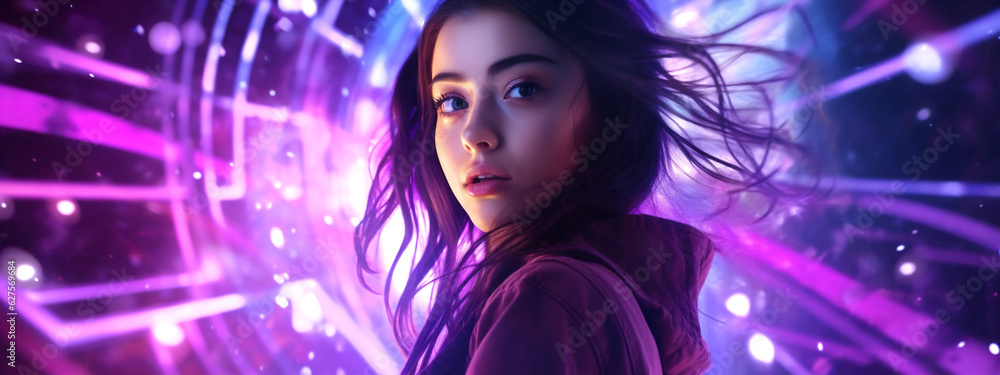 Metaverse with teenage young girl on pink and neon background. Alpha Generation. Virtual world experience. Futuristic technology transformation. Generative Ai content