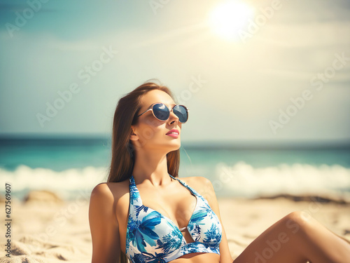 Portrait of beautiful young woman in sunglasses on the beach at sunset. Generative AI