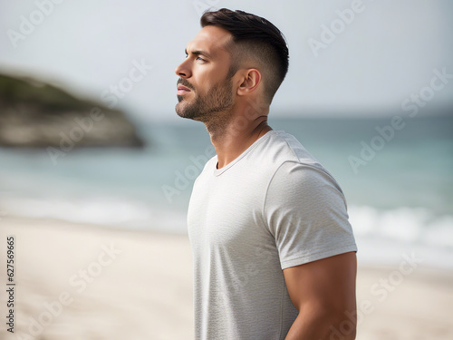 Portrait of a handsome man standing on the beach and looking away. Generative AI © POKPAK