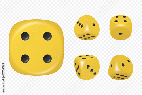 Vector 3d Realistic Yellow Game Dice with Black Dots Set in Different Positions Isolated. Gambling Games Design, Casino, Poker, Tabletop, Board Games. Realistic Cubes, Random Numbers, Rounded Edges