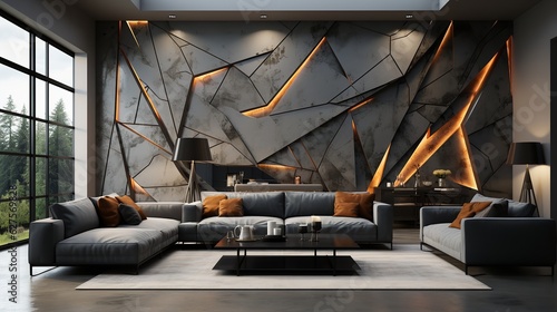 3d interior mural painting wall art decor wallpaper for home living room. 3d modern stereo deer animal with abstract geometric crack stone wall. Generative AI