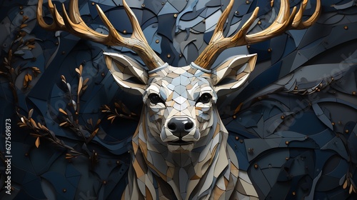 Fototapeta Naklejka Na Ścianę i Meble -  3d interior mural painting wall art decor wallpaper for home living room. 3d modern stereo deer animal with abstract geometric crack stone wall. Generative AI