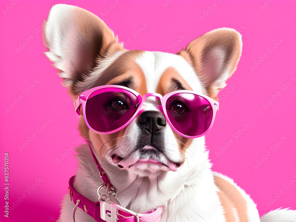 dog in sunglasses light pink background