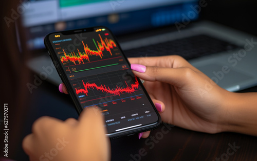 Woman is checking bitcoin price chart on digital exchange on smartphone