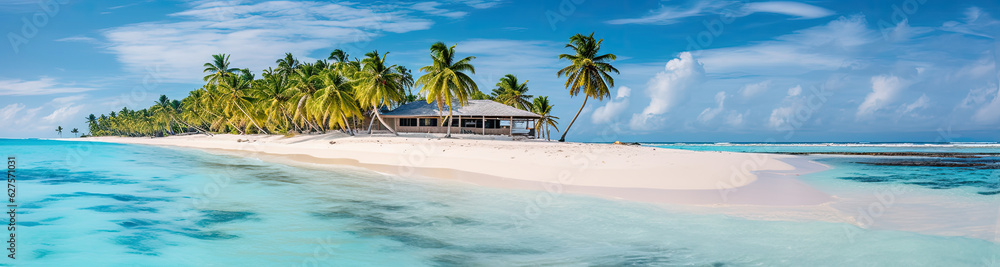 Panoramic view of a small island paradise with white sand, palm trees and crystal clear water. Generative AI