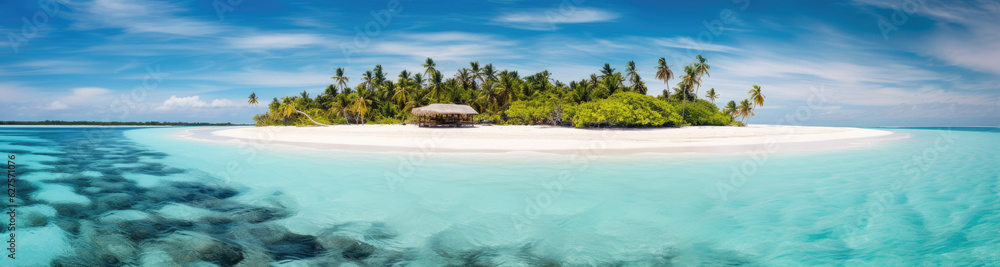 Naklejka premium Panoramic view of a small island paradise with white sand, palm trees and crystal clear water. Generative AI