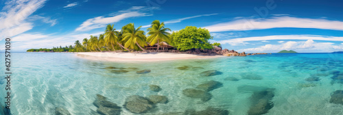 Panoramic view of a small island paradise with white sand, palm trees and crystal clear water. Generative AI