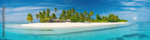 Panoramic view of a small island paradise with white sand, palm trees and crystal clear water. Generative AI