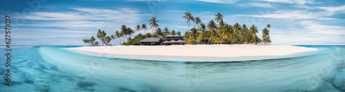 Panoramic view of a small island paradise with white sand  palm trees and crystal clear water. Generative AI