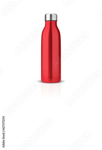 Vector Realistic 3d Red Empty Glossy Metal Reusable Water Bottle with Silver Bung Closeup Isolated. Design template of Packaging Mockup. Front, Top View