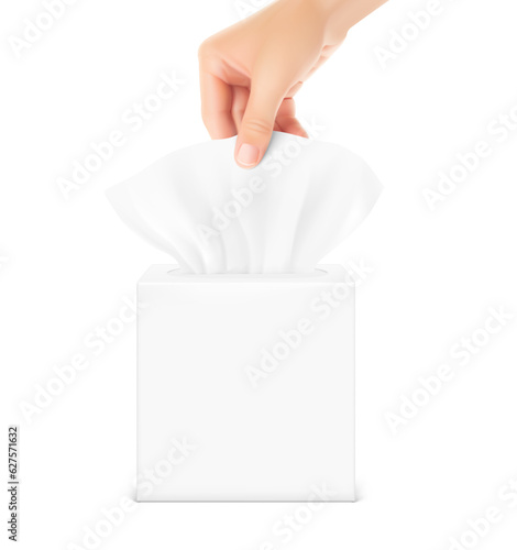 Square realistic tissue box with tissues. Vector illustration isolated on white background. Front view. Can be use for template your design, presentation, promo, ad. EPS10.