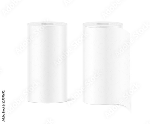 Paper towels mockup set. Vector illustration isolated on white background. Front view. Can be use for template your design, presentation, promo, ad. EPS10.