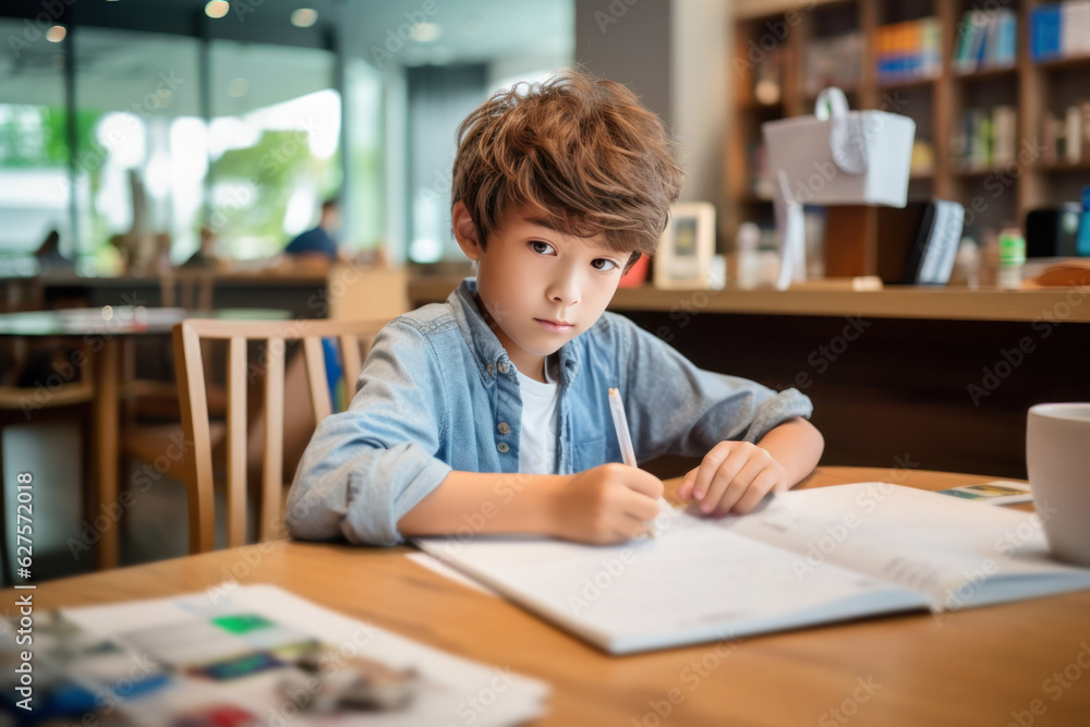 Elementary school boy doing homework in a cafe Elementary school boy doing homework in a cafe