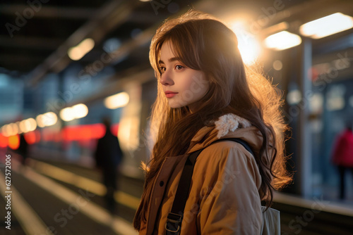 Young beautiful woman waiting for train on station platform