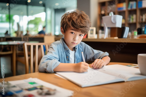 Elementary school boy doing homework in a cafe