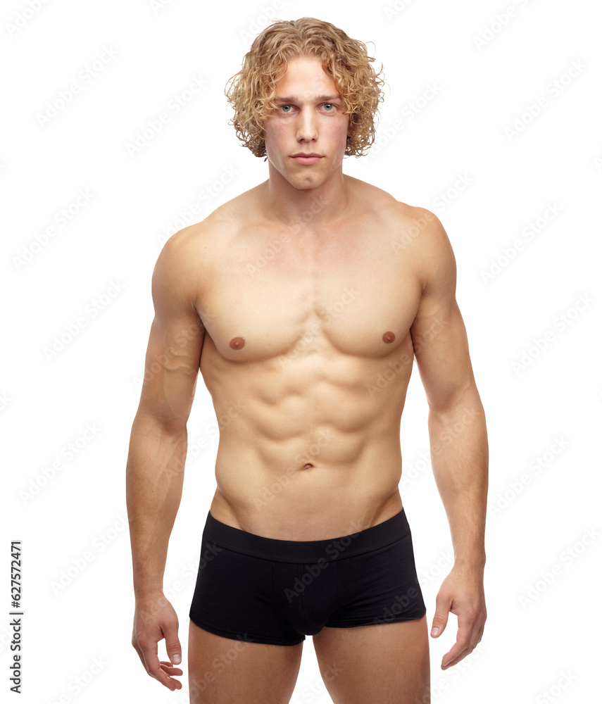Fototapeta premium Portrait, muscle and body of man in underwear isolated on a transparent png background. Abs, serious and strong model or athlete with health, fitness and bodybuilder workout or sports in Switzerland