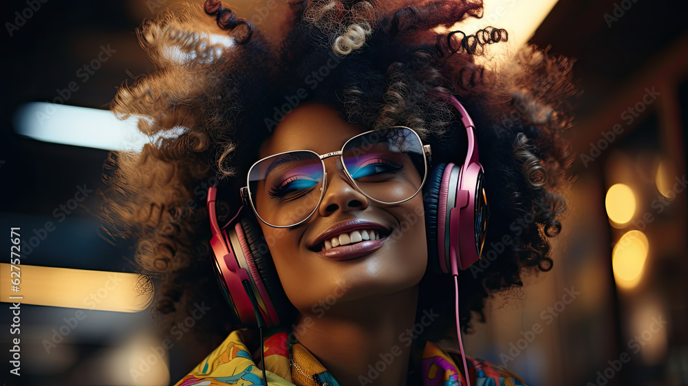 Happy cool fashion funky African young black hipster lady wears trendy glasses wireless headphones listening dance pop dj music standing in neon night club.generative ai Happy cool fashion funky African young black hipster lady wears trendy glasses wireless headphones listening dance pop dj music standing in neon night club.generative ai