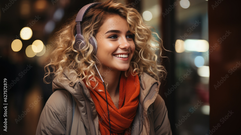 Happy young woman holding mobile phone enjoying music listening through wireless headphones on footpath, generative ai