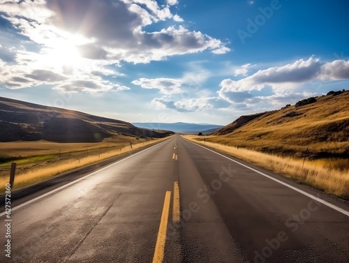 An open road disappearing into the horizon, capturing the sense of endless possibilities during the midpoint of a road trip generative ai