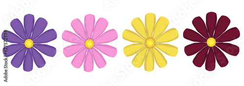 Four flowers in a row. Burgundy  pink  purple and yellow