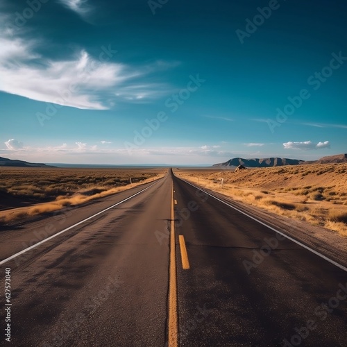 An open road disappearing into the horizon  capturing the sense of endless possibilities during the midpoint of a road trip generative ai