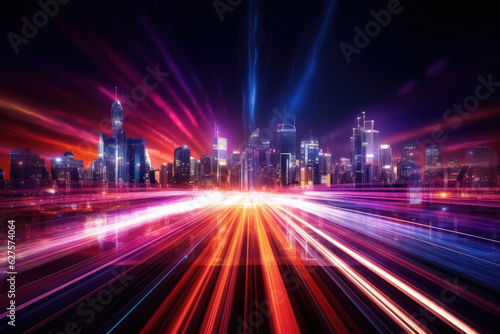 Speed light trails path through smart modern mega city and skyscrapers town with neon futuristic technology background  future virtual reality  motion effect  high speed light  with Generative Ai.