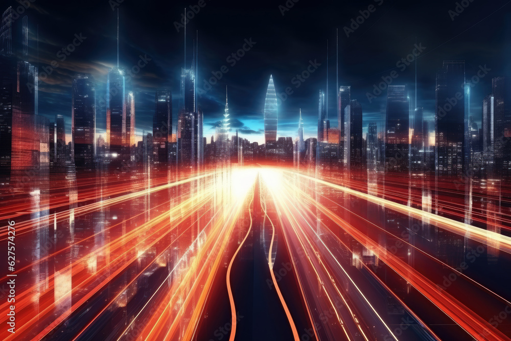 Speed light trails path through smart modern mega city and skyscrapers town with neon futuristic technology background, future virtual reality, motion effect, high speed light, with Generative Ai. Speed light trails path through smart modern mega city and skyscrapers town with neon futuristic technology background, future virtual reality, motion effect, high speed light, with Generative Ai.